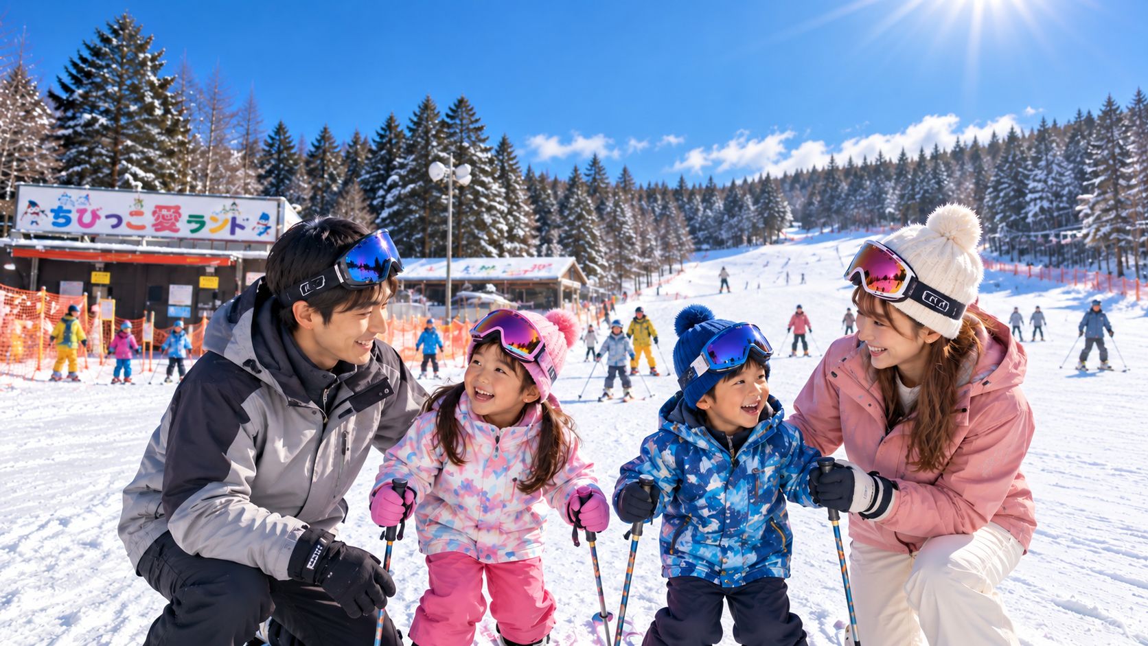 在雪地上玩耍的一家人