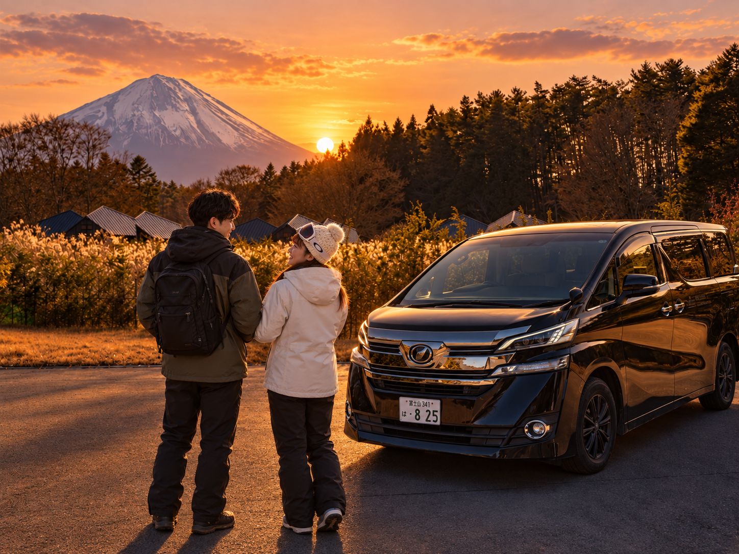 夕陽下的富士山前，兩人站在接送車旁相視而笑